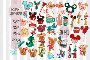 Disney Christmas SVG / Mickey & Minnie Mouse / Disneyland Castle Silhouette, Winter with Snowflakes, Cut files for Cricut Dxf Png Eps