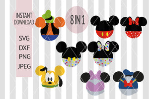 INSTANT DOWNLOAD SVG Disney Inspired  Mickey Ears Bundle, Minnie, Mickey, Donald, Goofy, Pluto, Daisy for Cutting Machines Svg, Esp, Dxf, Png and Jpeg Cut Files, Cricut, Silhouette