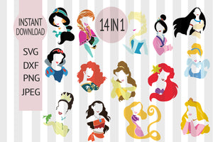 Princesses svg Bundle, Ariel, Jasmine, Aurora, Mulan, Belle, Cinderella, Elsa, Rapunzel, Snow White, Tiana, Pocahontas and Merida.